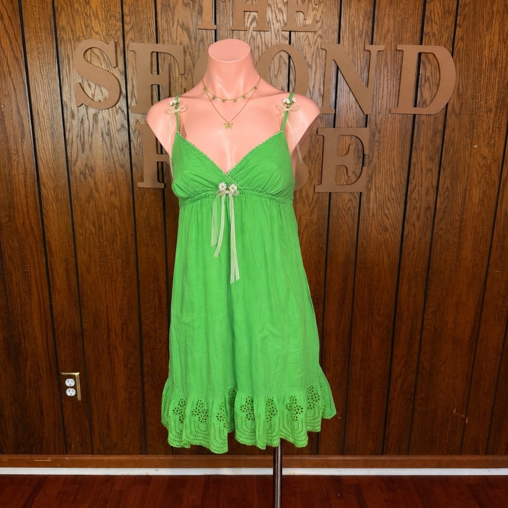 Y2K Green Ruffle Babydoll Mini Dress Derek Heart Women M Fairycore Boho Coquette